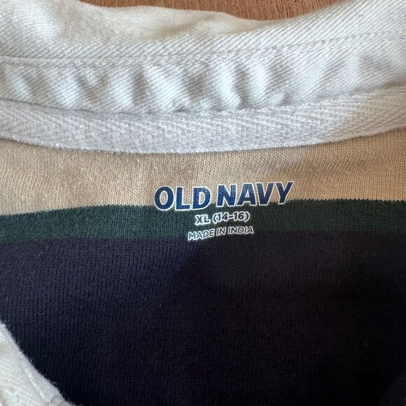 Old Navy Boys XL 14-16 Rugby Polo Shirt Navy Cream Green Striped LS Cotton - Picture 4 of 4